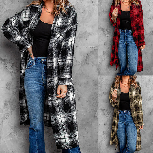 Cardigan Cuadros Mujer Largo Suelto con Solapa