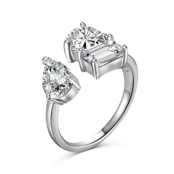 Anillo de Plata 925 para Mujer con Circonia Cúbica en Forma de Corazón y Pera