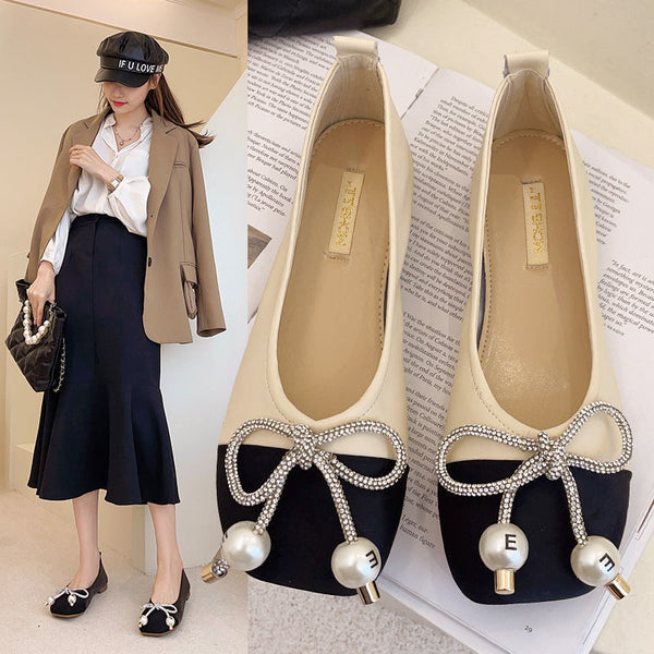 Zapatos Planos con Moño de Perlas y Punta Cuadrada - Suela Suave