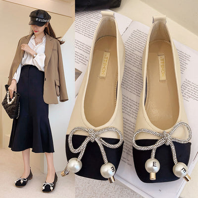 Zapatos Planos con Moño de Perlas y Punta Cuadrada - Suela Suave