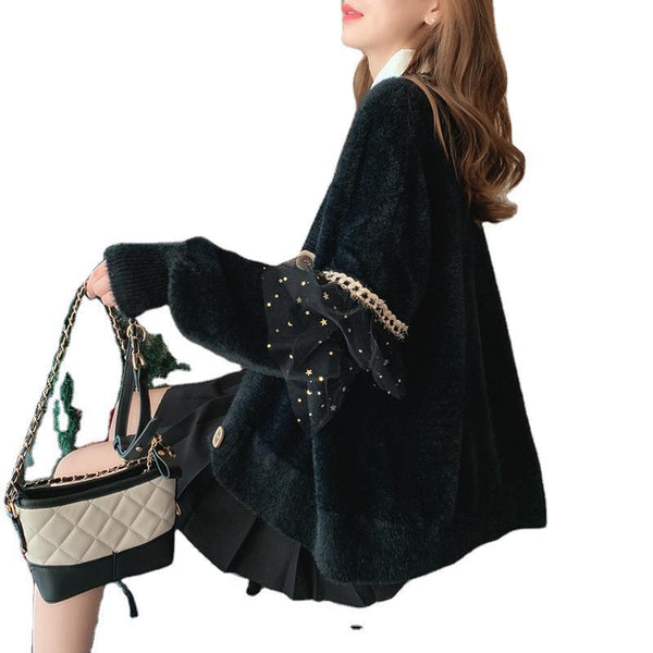 Cardigan Suelto de Encaje y Forro de Visón para Mujer