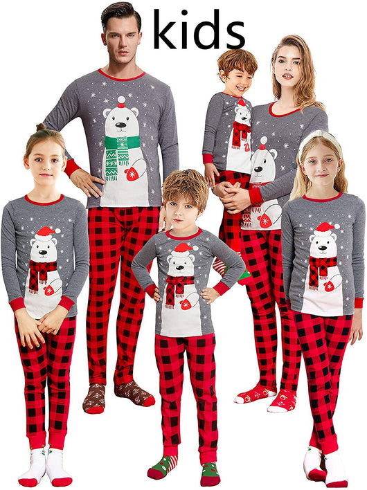 Family of five wearing matching gray and red buffalo plaid Christmas pajamas with polar bear print. - Image 8