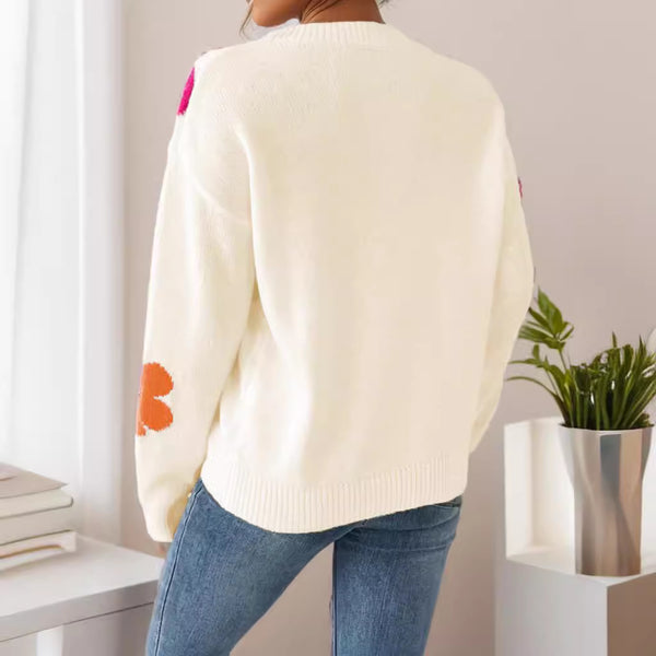 Blusa Casual de Punto con Cuello V y Mangas Largas Estampado Floral