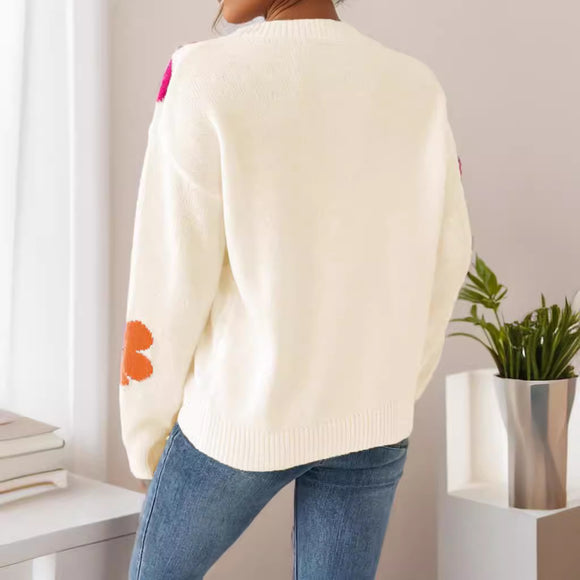 Blusa Casual de Punto con Cuello V y Mangas Largas Estampado Floral