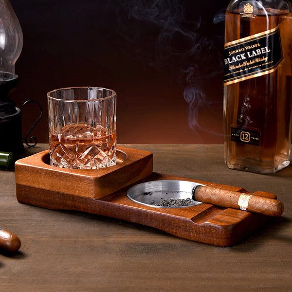 Cenicero de Madera 2 en 1 con Vaso para Whiskey y Soporte para Puros