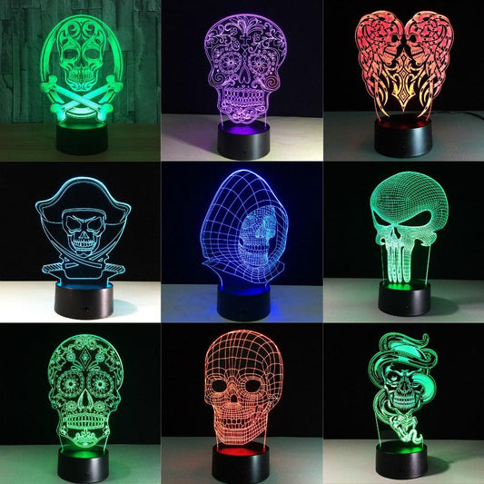 Lámpara 3D LED Calavera Halloween con Ilusión Holográfica - Luz Nocturna Multicolor