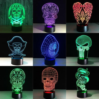 Lámpara 3D LED Calavera Halloween con Ilusión Holográfica - Luz Nocturna Multicolor