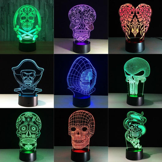 Lámpara 3D LED Calavera Halloween con Ilusión Holográfica - Luz Nocturna Multicolor