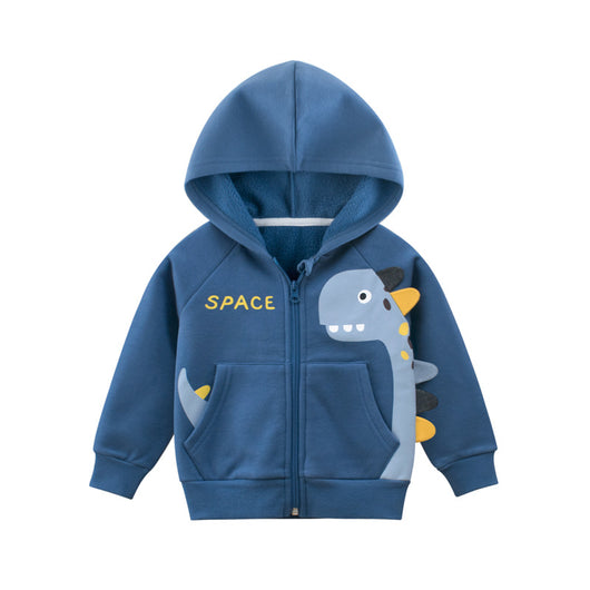 Blue children's fleece hooded jacket with a full zipper, featuring a light blue dinosaur appliqué and "SPACE" embroidery. - Image 7