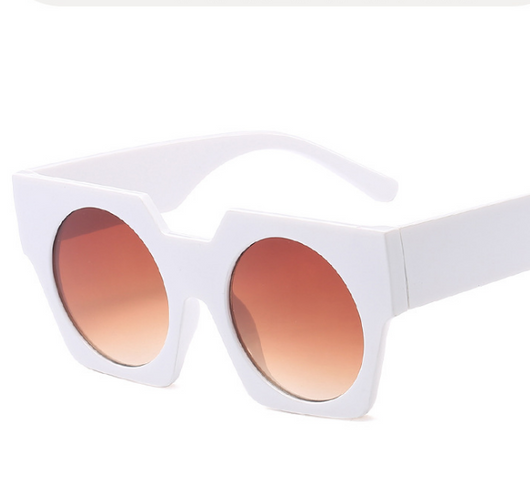 White geometric vintage big frame sunglasses with round purple gradient lenses, shown at an angle. - Image 8
