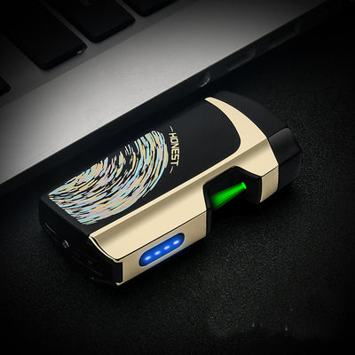 Blue and silver multi-function electric lighter with a visible green plasma arc and four blue battery indicator lights. - Image 6