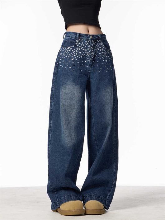 Pantalones Vaqueros Rectos Bordados Floral Vintage Mujer Cintura Alta Pierna Ancha - Image 3