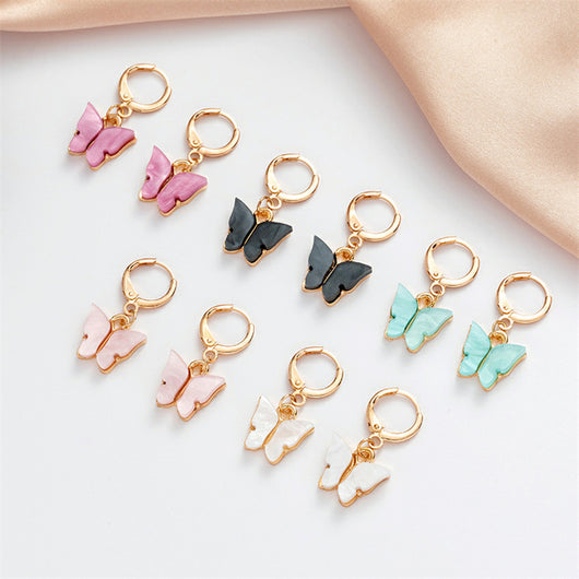 Pink acrylic butterfly necklace and earring set with gold-colored chain and hoop earrings. - Image 13