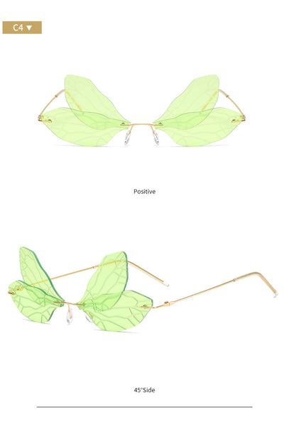 Light green rimless butterfly sunglasses with gold metal frames, featuring a unique veined lens design. - Image 24