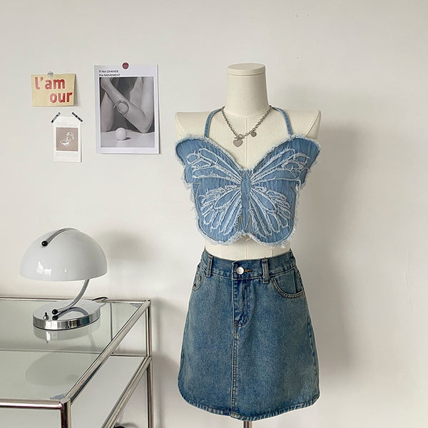 Top de Presentación con Bordados de Mariposas Azul Seductor para Grupos Femeninos