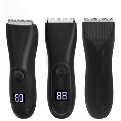 Black digital display electric trimmer with two guide combs, a charging cable, and a cleaning brush. - Image 2