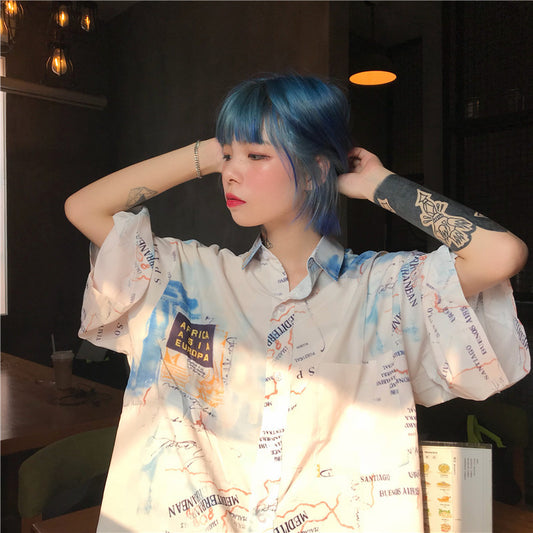 Camisa Vintage Mapa Náutico Oversize Unisex Primavera Verano