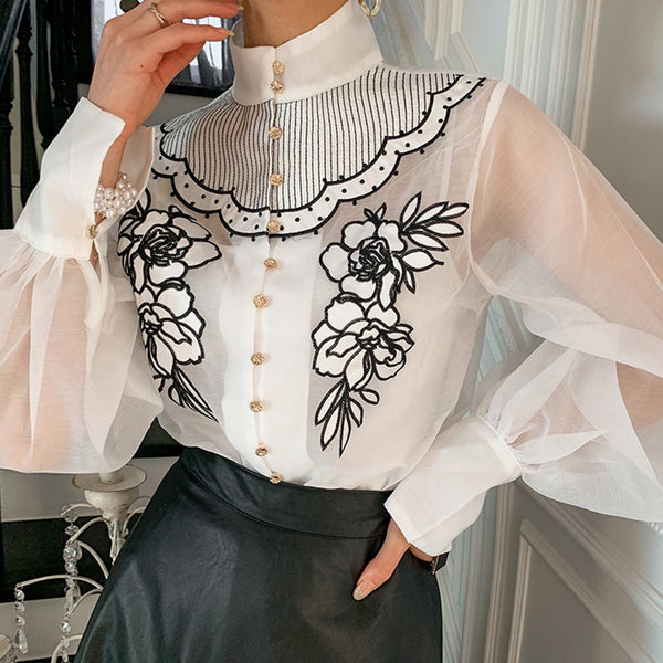 Blusa Elegante con Mangas Linterna y Flores Bordadas