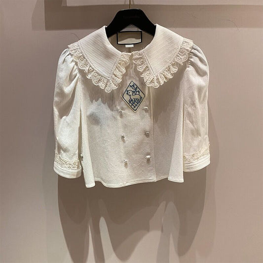 Blusa Suelta con Cuello Fruncido Bordado y Manga Corta para Mujer