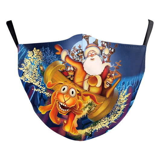 Light blue Christmas dust mask with a cartoon cool Santa Claus wearing sunglasses and gold rings, pointing forward. - Image 4