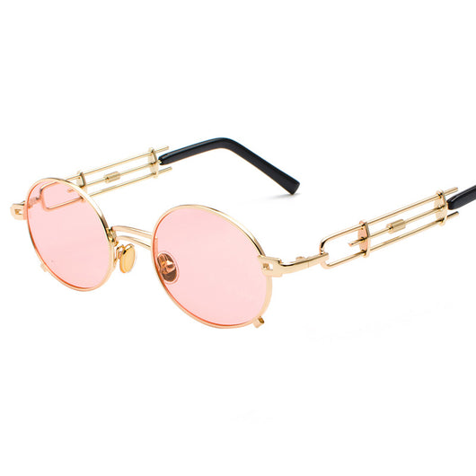 Black individual steampunk sunglasses with round clear lenses and unique metal frames on a white background. - Image 16