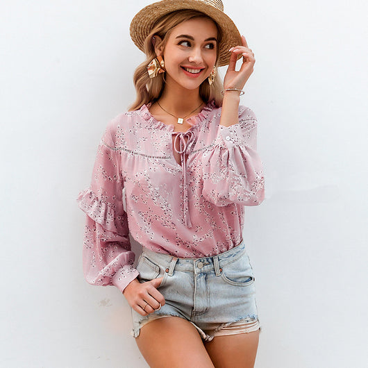Blusa de Encaje Floral con Cuello Redondo y Volantes - Image 8