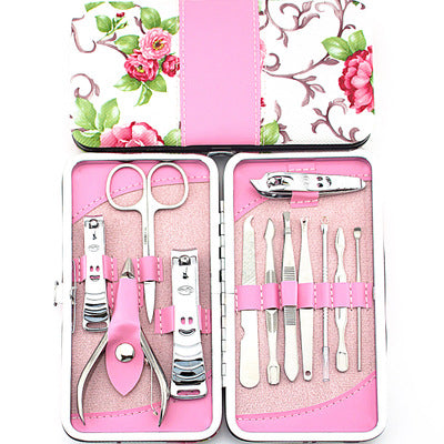 Set de Cortaúñas 12 Piezas Acero Inoxidable Diseño Floral Rosa