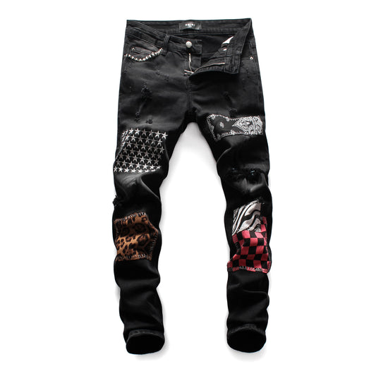 Jeans Slim Fit Negro con Parches Estilo Hong Kong para Hombre