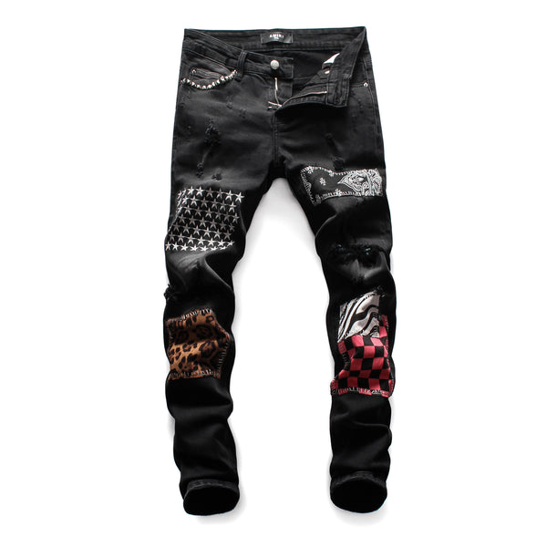 Jeans Slim Fit Negro con Parches Estilo Hong Kong para Hombre