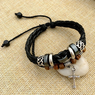Pulsera de Cuero Trenzado con Cruz