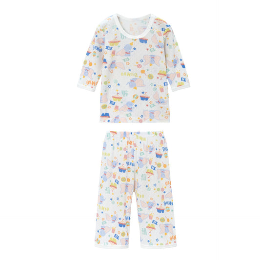White Dumbo print children's two-piece pajama set with long-sleeve top and cropped pants for summer.