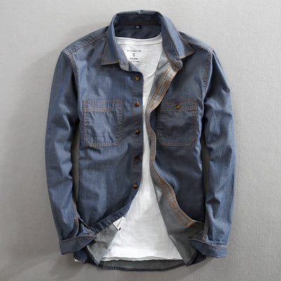 Camisa Denim Casual Holgada para Hombre con Cuello Solapa