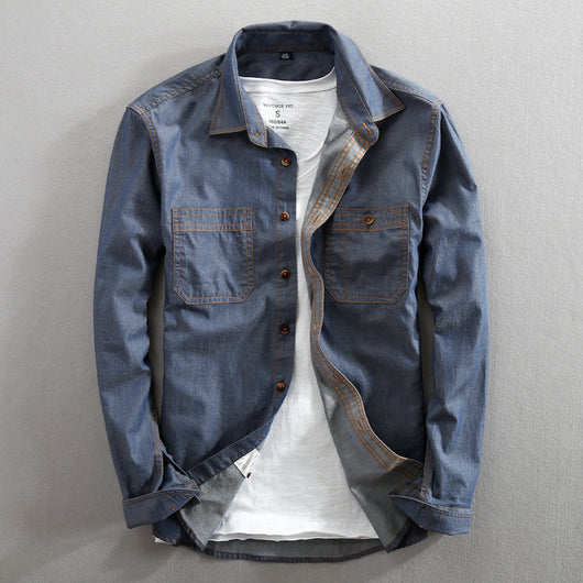 Camisa Denim Casual Holgada para Hombre con Cuello Solapa