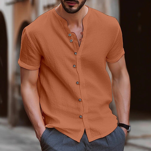 Camisa Retro de Algodón y Lino para Hombre con Botones - Manga Corta Casual - Image 10