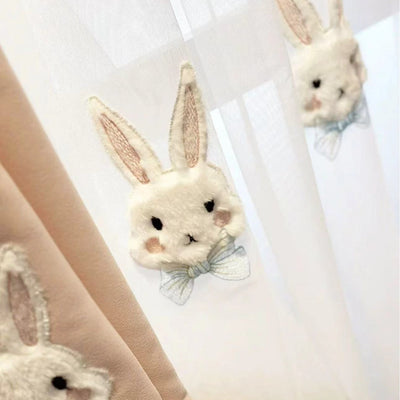 Pink curtains with white plush rabbit appliques, paired with a sheer white inner curtain also featuring rabbit designs. - Image 7