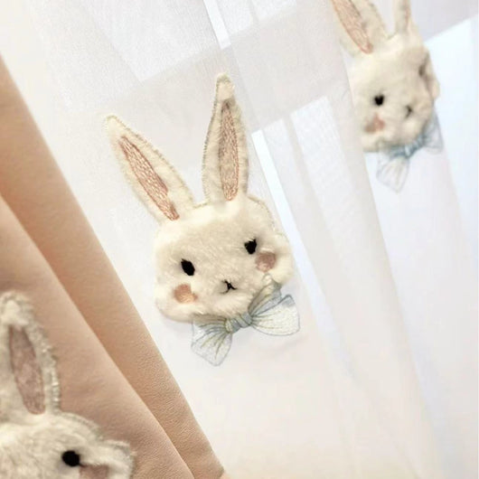 Pink curtains with white plush rabbit appliques, paired with a sheer white inner curtain also featuring rabbit designs. - Image 7