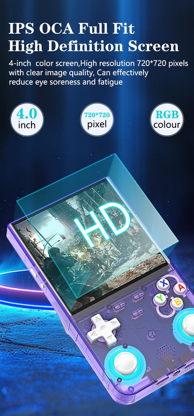 White handheld game console with a 4-inch HD screen, dual joysticks, and various buttons, shown with blue, black, and purple variants. - Image 9