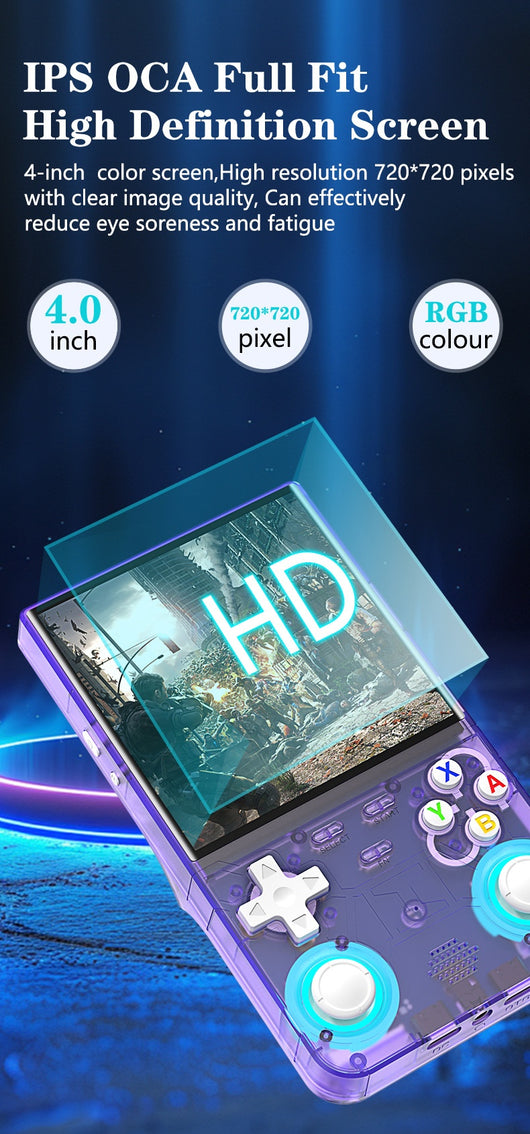 White handheld game console with a 4-inch HD screen, dual joysticks, and various buttons, shown with blue, black, and purple variants. - Image 9