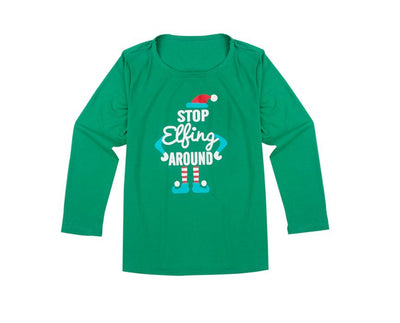 Kids' green long-sleeve Christmas pajama top with an elf graphic and matching red and white striped pants. - Image 3