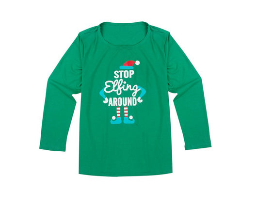 Kids' green long-sleeve Christmas pajama top with an elf graphic and matching red and white striped pants. - Image 3