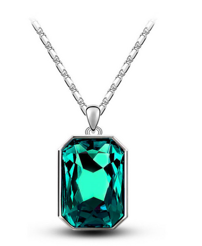 Teal rectangular crystal necklace and matching stud earrings set with silver-toned settings and chain. - Image 9