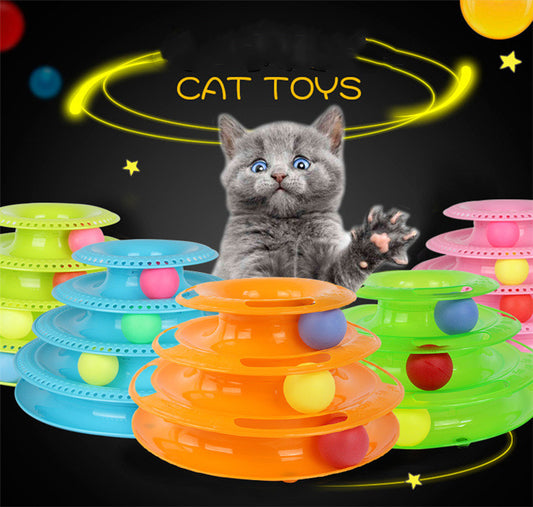 Pink four-layer cat turntable toy with colorful balls on each track, measuring 16cm high and 29cm wide.