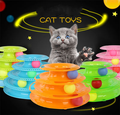 Pink four-layer cat turntable toy with colorful balls on each track, measuring 16cm high and 29cm wide.