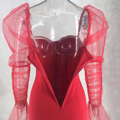 Vestido Falda Roja Verde con Malla en Mangas y Bolsa Cadera - Image 4