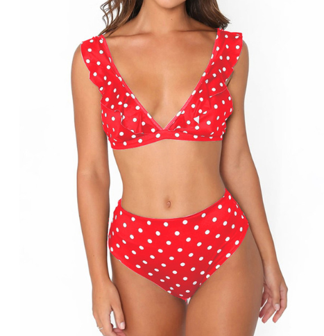 Traje de Baño de Cintura Alta con Borde Floral y Puntos para Mujer - Image 5