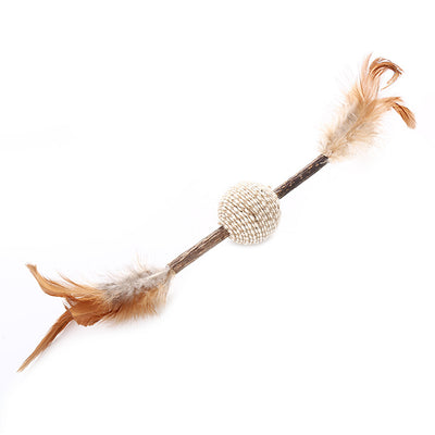 Natural catnip stick toy with a green catnip ball in the center and fluffy brown and white feathers on both ends. - Image 5