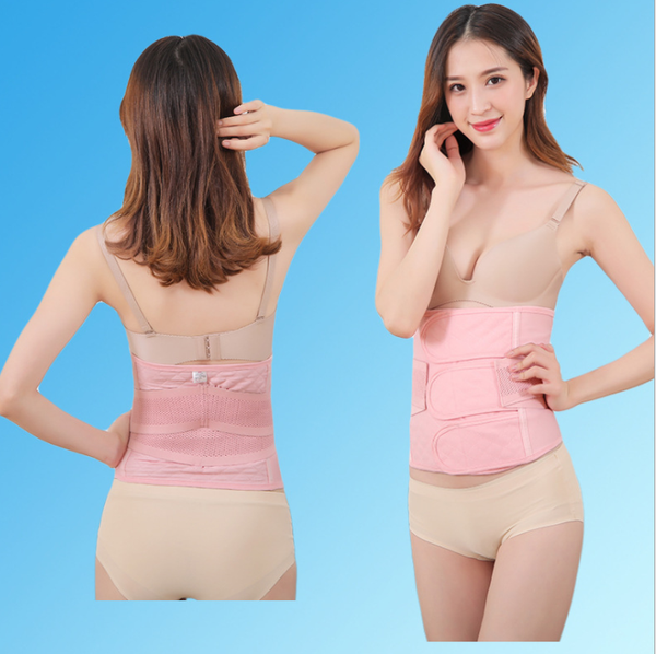 Pink adjustable postpartum abdominal band with quilted panels and a smaller matching elastic band.