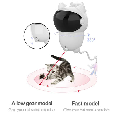 White cat-shaped intelligent laser toy with a black visor and a colorful feather wand attachment for pets. - Image 23
