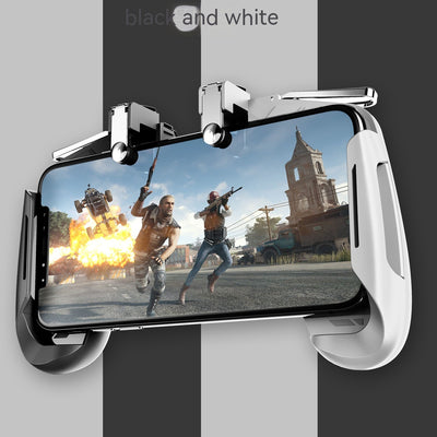 Black and white mobile gaming controller with physical buttons attached to a smartphone displaying a gunfight game. - Image 9