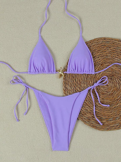 White women's bikini with triangle top and tie-side bottom, featuring a gold starfish charm on the center front. - Image 27